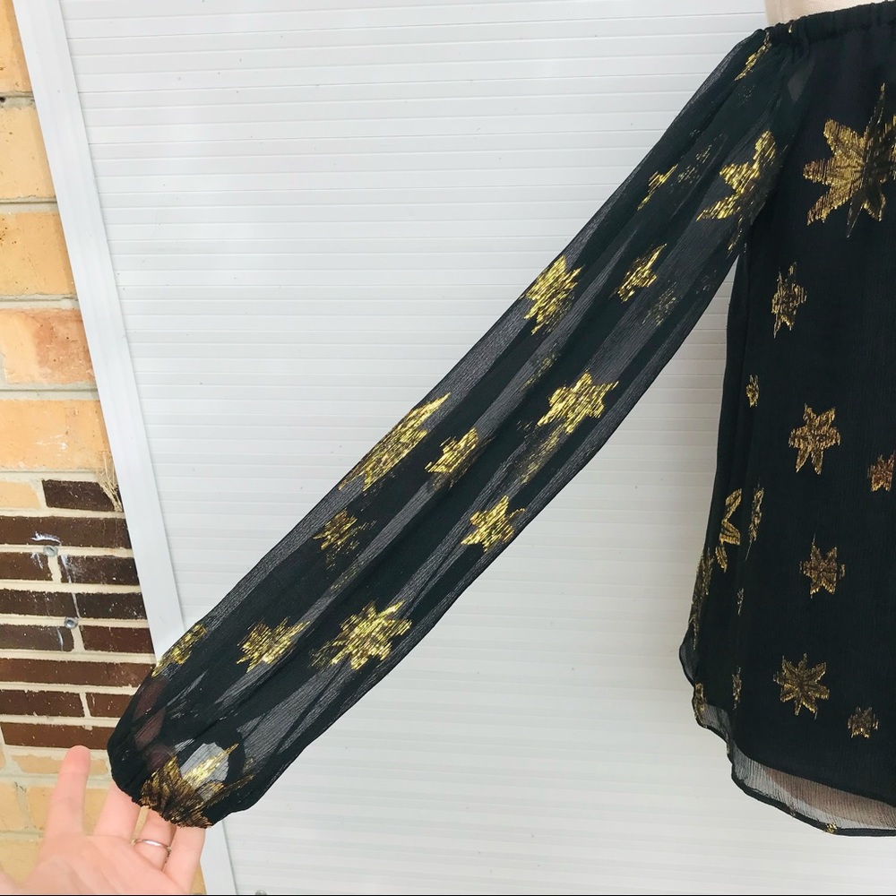 BEC & BRIDGE Black Sheer Cold Shoulder Top Silk Gold Stars  Casual Dressy Size 8 - Picture 2 of 8